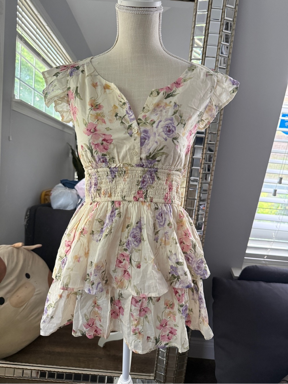 LoveShackFancy X Gap Cream Floral Tiered Sundress with Pink & Purple Flowers